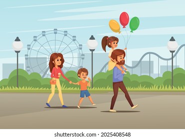 Family holidays cartoon colored composition family with children walking through an amusement park with balloons vector illustration