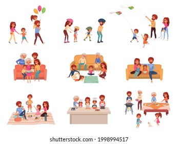 Family holidays cartoon icon set the family spends time together playing board games going for walks playing active sports and having family dinners and picnics