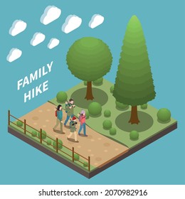 Family holidays composition with parents and children hiking in forest on colored background with clouds 3d isometric vector illustration