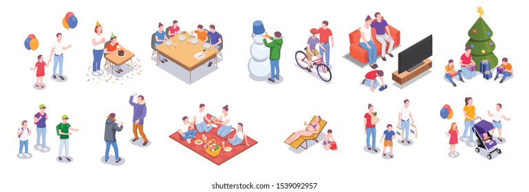 Family holidays isometric collection of isolated objects and human characters of family members relatives with shadows vector illustration