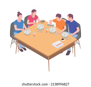 Family holidays isometric composition with characters of family members having lunch together at table on blank background vector illustration