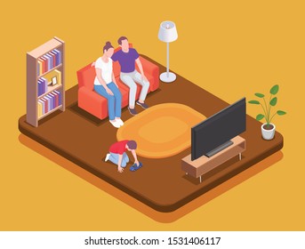 Family holidays isometric composition with indoor view of living room with parents watching tv and kid vector illustration