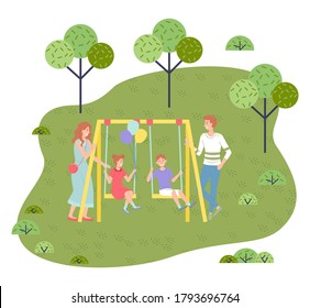 Family holidays out of town. Mom and dad ride kids on carousel. Girl with colorful balloons. Walk in the park. Weekend out of town. Outdoor activity. Fun days. Family holiday. Green spaces. Flat image