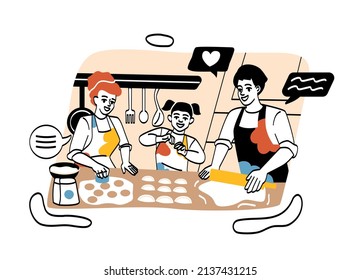 Family home activities abstract concept. Smiling mother, father and daughter in aprons cook delicious dish or bake cookies. Spending time together. Cartoon flat vector illustration in doodle style