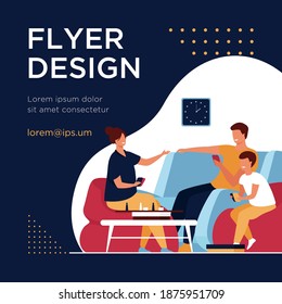 Family home activities concept. Happy boy and girl with parents playing board games with cards and dices in living room. For entertainment, togetherness, having together topics
