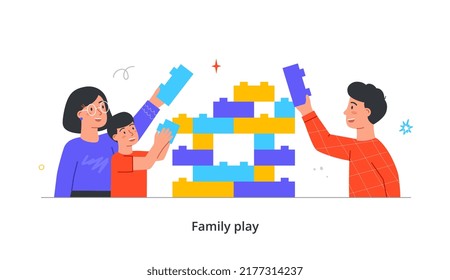 Family home activities concept. Happy parents and child assemble parts of constructor and play. Smiling mother and father spend time with their son. Cartoon flat vector illustration in doodle style