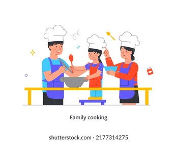Family home activities concept. Parents and child in apron prepare delicious food in kitchen. Smiling mother and father spend time with daughter. Cartoon flat vector illustration in doodle style