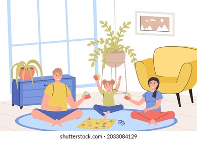 Family home activity concept. Father, mother and daughter playing board game while sitting on living room floor. Parents and child have fun pastime together. Vector illustration in trendy flat design