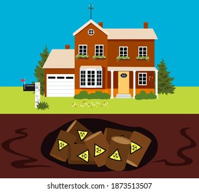 Family home built on contaminated land with hazardous waste buried underneath, EPS 8 vector illustration
