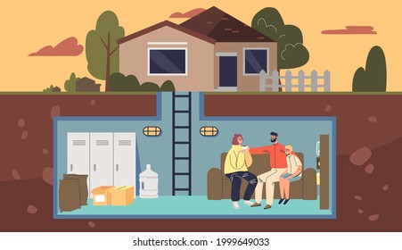 Familia en el búnker doméstico, suministros de comida de habitación seguros. Padres y niños sentados en un sofá en un refugio subterráneo de supervivencia. Dibujo vectorial plano de dibujos animados