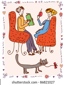 Family at home with cat cartoon