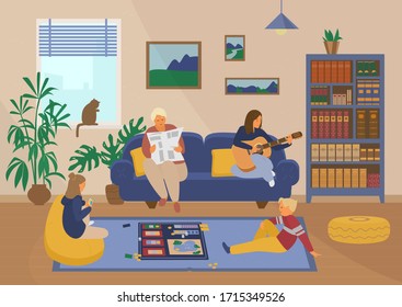 Family at home. Children playing board game, grandmather reading newspaper, mother playing guitar. Living room interior. Home activities. Vector concept.