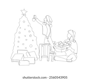 Family at home with a christmas tree in line art drawing style. Composition of a christmas scene. Black linear sketch isolated on white background. Vector illustration design. Hand made vector not AI 