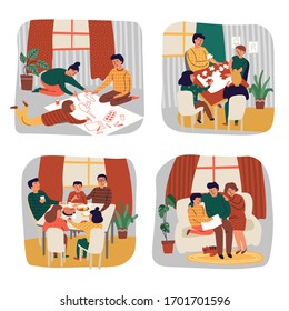 Family home concept. Parents with kids spend time together, read book, playing, eating dinner at table. Mother,father,daughter and son on sofa. Vector illustration in cartoon flat