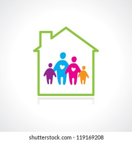 Family And Home Concept. Silhouette Family Icon And House. Vector Illustration