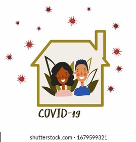 Family at home, concept temporarily self isolation concept. Everyone stays home during Covid-19. Independently isolate yourself from a pandemic. Virus form in the air, vector illustration