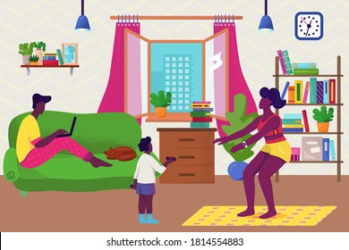 Family at home concept vector illustration. Dark skinned man working at home with laptop, mother and daughter doing exercises and sport. Family in living room interior. Fun and every day life.