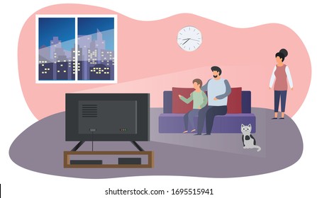 Family at home. Conceptual graphics about the family values ​​and relationships. Father, mother and son watch TV