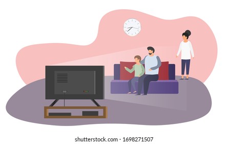 Family at home. Conceptual graphics about the family values ​​and relationships. Father, mother and son watch TV