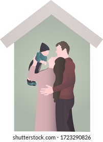 Family at home. Dad hugs mom. Mom holds the baby in her arms. Stay home.