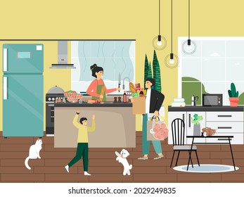 Family at home, flat vector illustration. Mother cooking, father carrying bags with groceries, son playing with dog pet.