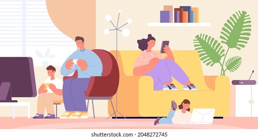 Family at home with gadget. Parents, kids use smartphone and playing computer. Modern digital lifestyle. Social media addiction utter vector scene