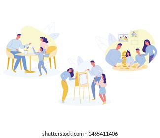 Family Home Game, Parents and Kids Playing Together in Company Games. Father, Mother and Daughter Painting on Easel and Paper, Play Jenga, Leisure, Weekend Spare Time Cartoon Flat Vector Illustration