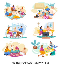 Family home games. Children playing board game with parents, mother children and dad play in card poker dice or chess on tea table, fun kid video gaming, vector illustration of family game at home