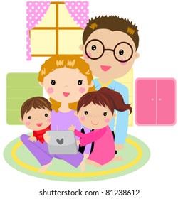 family at home having fun using a tablet computer -vector