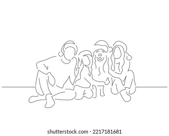 Familia en casa con su perro en línea de arte estilo dibujo. Composición de una escena de navidad. Esbozo lineal negro aislado sobre fondo blanco. Diseño de ilustración vectorial.