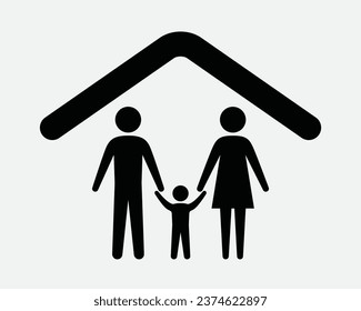 Family Home Icon House Parent Father Mother Son Child Hold Hands Shelter Insurance Protection Black White Shape Line Outline Sign Symbol EPS Vector