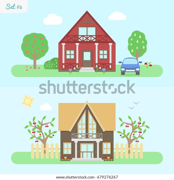 Family home - icon set\
5. Suburban american houses in flat style. Landscape and\
environment elements for web design / infographic / backgrounds.\
Vector illustration.