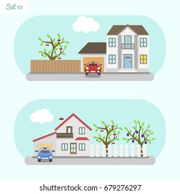 Family home - icon set 7. Suburban american houses in flat style. Landscape and environment elements for web design / infographic / backgrounds. Vector illustration.