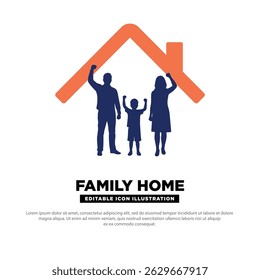 Family Home Icon with Family Silhouette under House Roof Symbol. Editable vector icon.