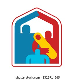 Family home icon symbol. household residence. Dad, mom and baby at house sign.