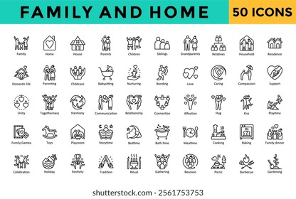 Family and Home icons set with family, home, house, parents, children, siblings, grandparents, relatives, household, residence icon. Simple line vector 
