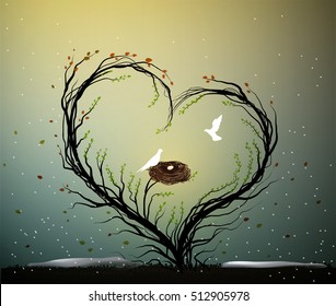 family home idea, magic tree of spring love, tree with heart with nest and two white birds inside, sweet home, together forever, vector