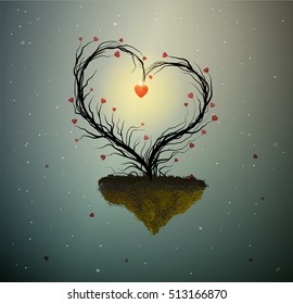 family home idea, magic tree of spring love, tree with heart with nest and two white birds inside, sweet home, together forever, vector