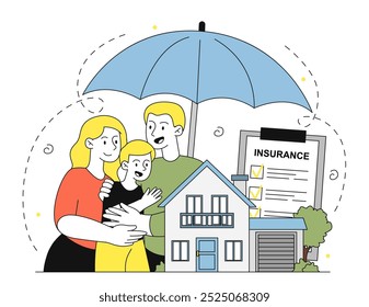 Family with home insurance. Man and woman with girl under umbrella near house. Financial deals and protection of private property and real estate. Parents with kid. Linear vector illustration