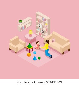 Family At Home Isometric Banner With Young Mother And Daughter In Playroom With Toys Abstract Vector Illustration 