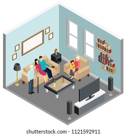 Family Home Living Room Interior Isometric Composition With Couple Watching Tv Grandma Sitting With Kid Vector Illustration 