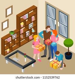 Family home living room interior event celebration isometric composition with parents daughter son opening presents vector illustration 