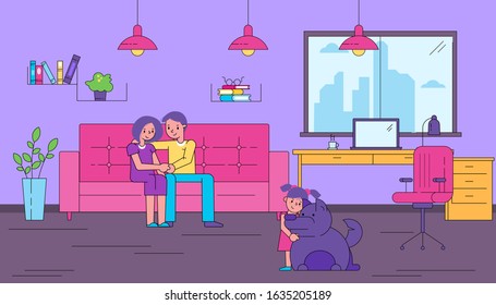 Family at home in living room interior vector illustration. Happy parents couple sitting on couch, child daughter hugging dog. Table, window, laptop, bookshelves and plants. Spend time together.