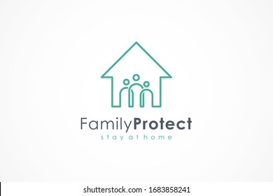 Family Home Logo. House Icon with People inside isolated on White Background. Flat Line Vector Logo Design Template Element.