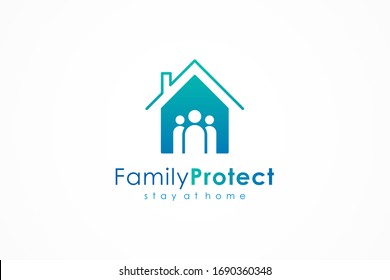 Family Home Logo. House Icon with Negative Space People inside isolated on White Background. Flat Line Vector Logo Design Template Element.