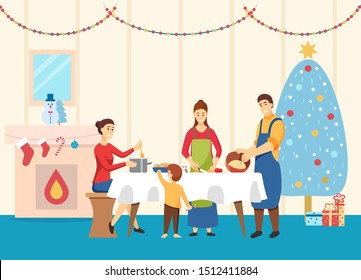 Family at home making food for Christmas table vector. Father and mother with kids cooking dishes. Celebration of xmas and winter holidays. Room with pine tree and garlands, fireplace and socks