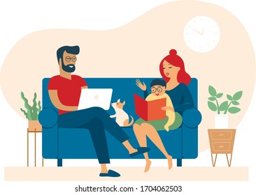 Family at home during quarantine. Man working from home remotely with laptop. Woman reading book to her baby. Flat cartoon vector illustration for coronavirus outbreak covid-19 quarantine  