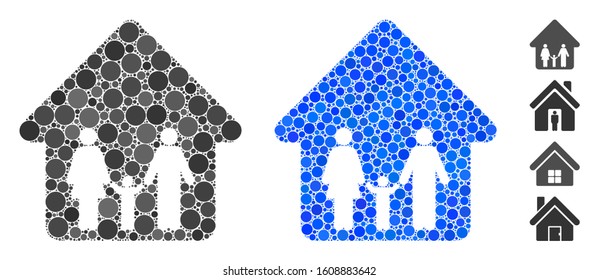 Family home mosaic of spheric dots in different sizes and shades, based on family home icon. Vector dots are organized into blue mosaic. Dotted family home icon in usual and blue versions.