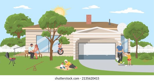 Family home outdoor rest in backyard, flat vector illustration. Grandparents, parents with kids on barbecue party or picnic. Happy family weekend, summer outdoor activity.