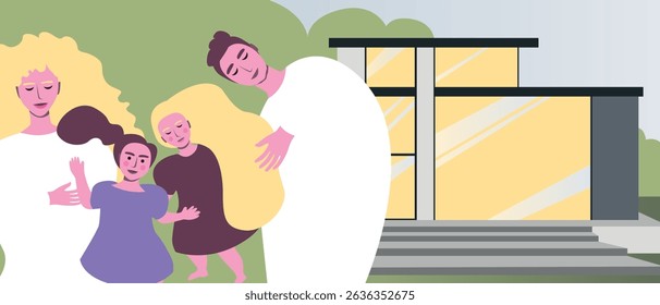 Family home with parents and baby girl, flat vector stock illustration outside